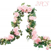 Meiliy 2 Pack 6.6 FT Fake Rose Vine Flowers Plants Artificial Flower Home Hotel Office Wedding Party Garden Craft Art Decor (Blush Pink Rose Garland 2 PCS)